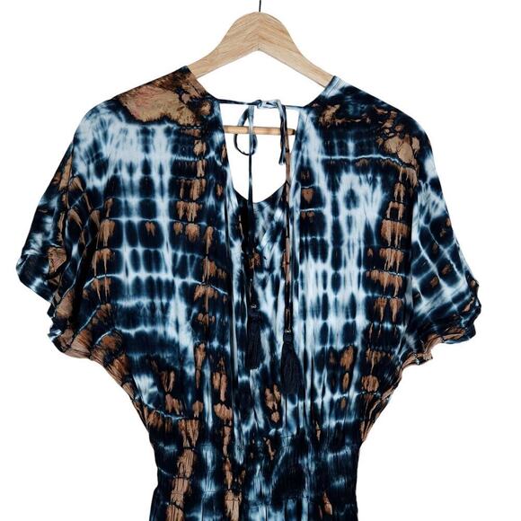 Tiare Womens Maxi Dress Blue Brown Tie Dye  ightweight Cinched Waist Beachy - Picture 9 of 15